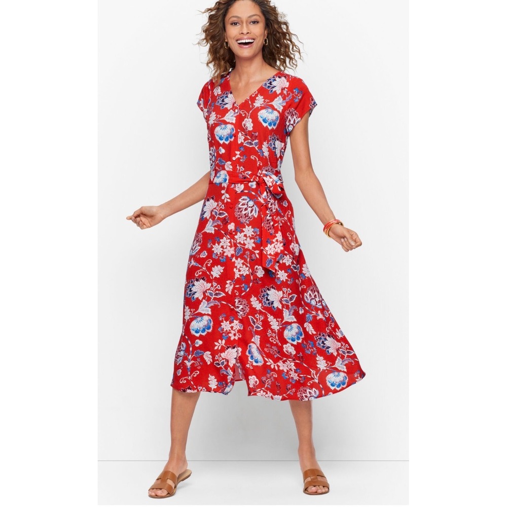 Talbots Red Floral Midi Dress Short Flutter Sleeve V-Neck Tie Waist Size 12